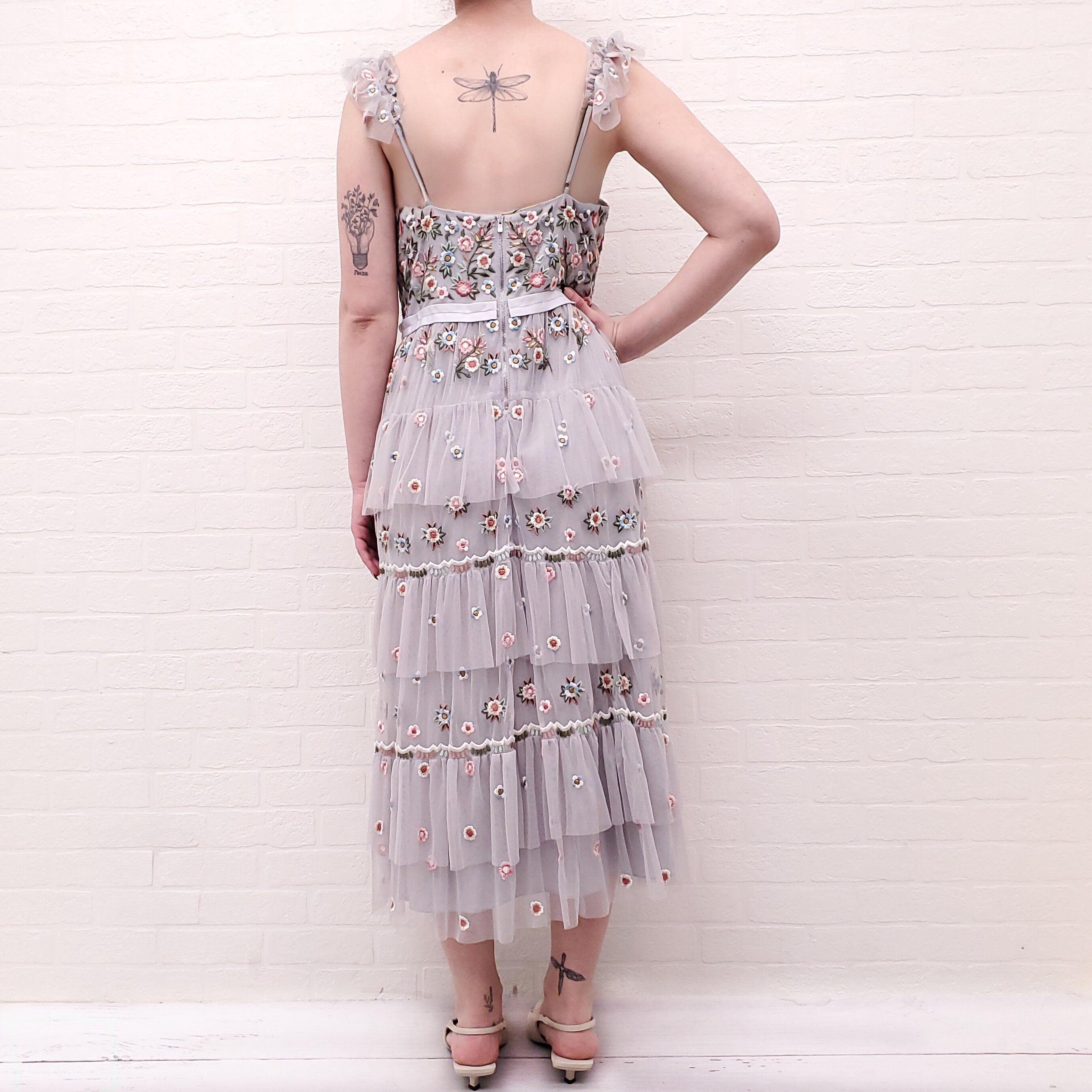 NEEDLE & THREAD GREY FLORAL RUFFLED DRESS - SIZE 8