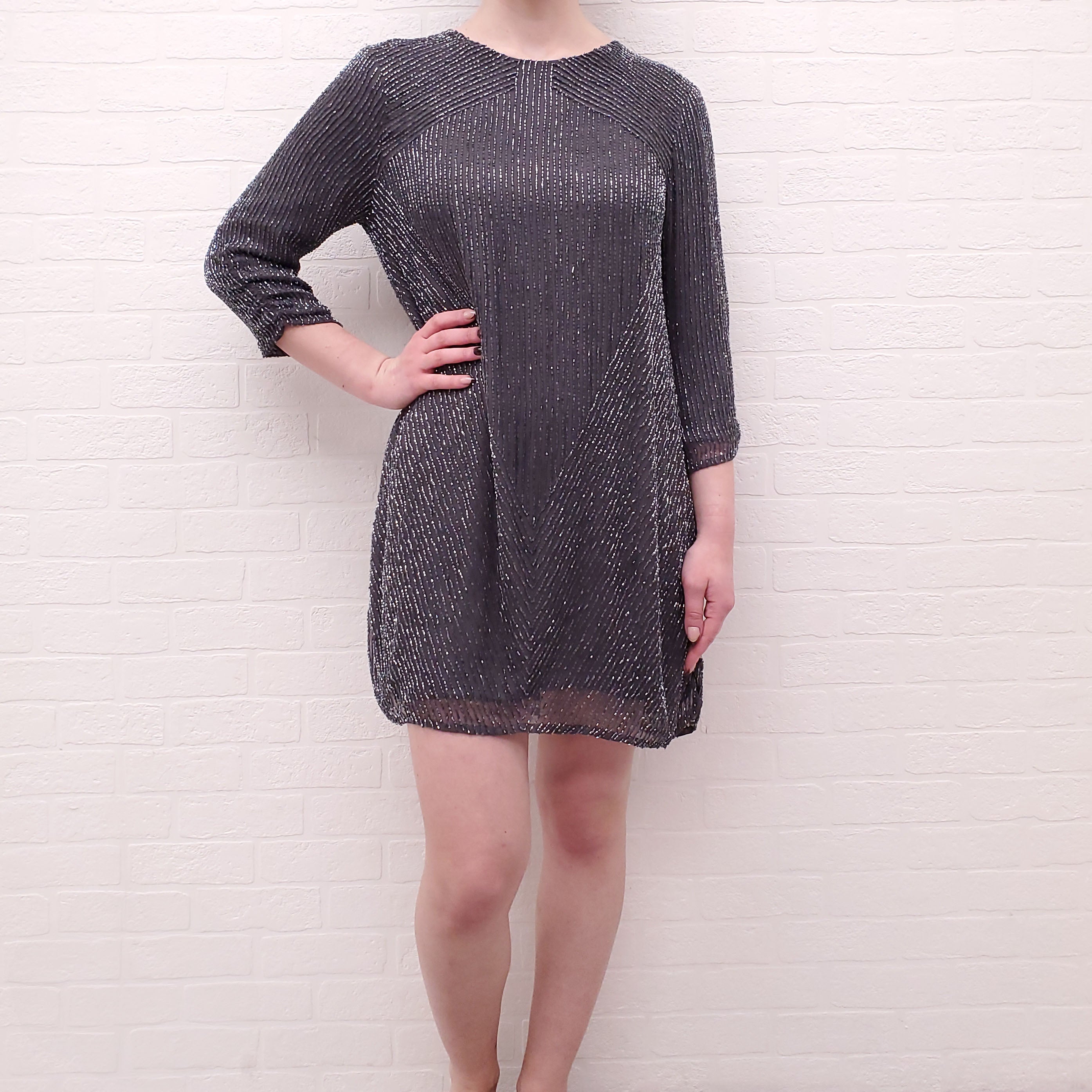 NEEDLE & THREAD PARKER GREY SEQUIN DRESS - SIZE L