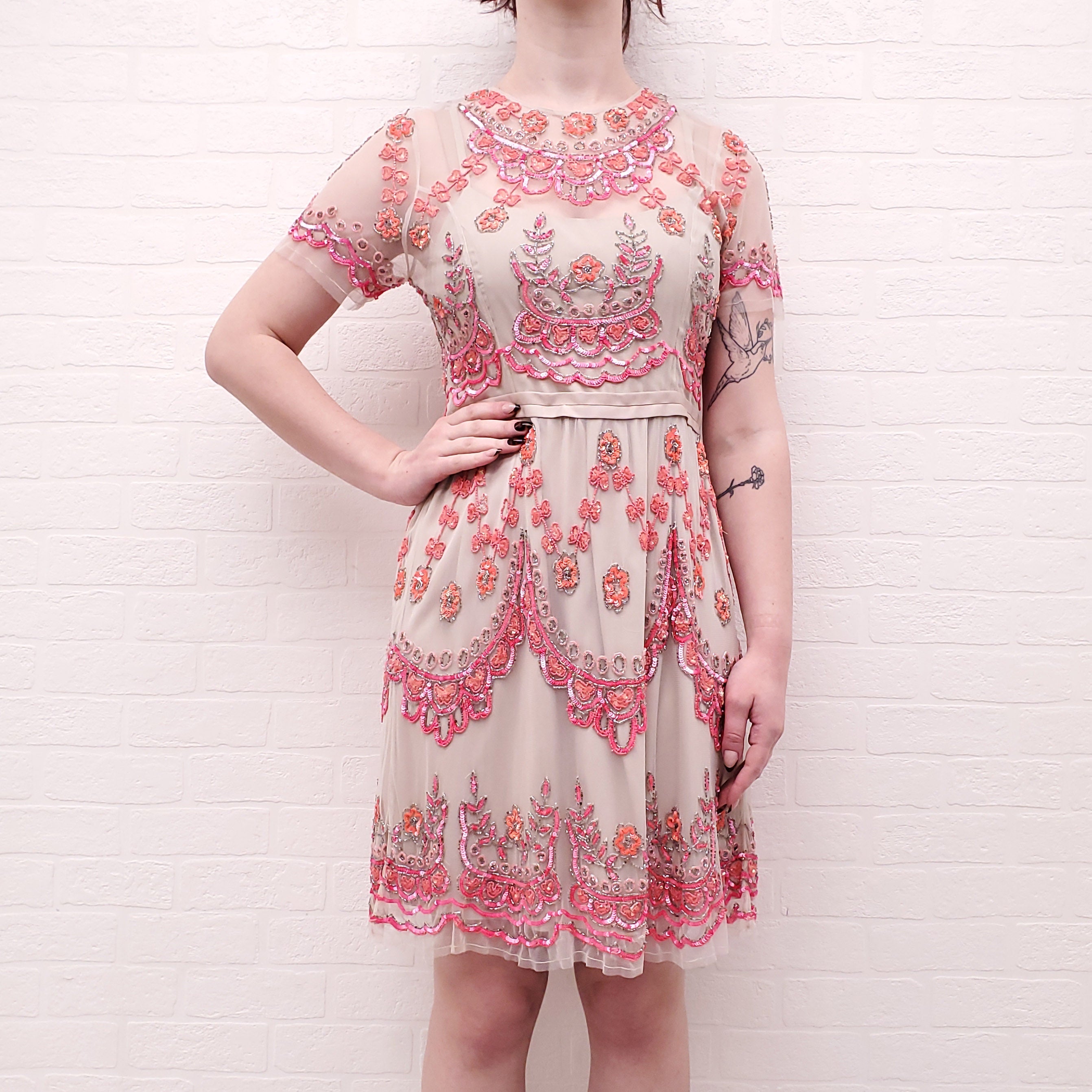 NEEDLE & THREAD PINK AND NUDE MESH SEQUIN DRESS - SIZE 8