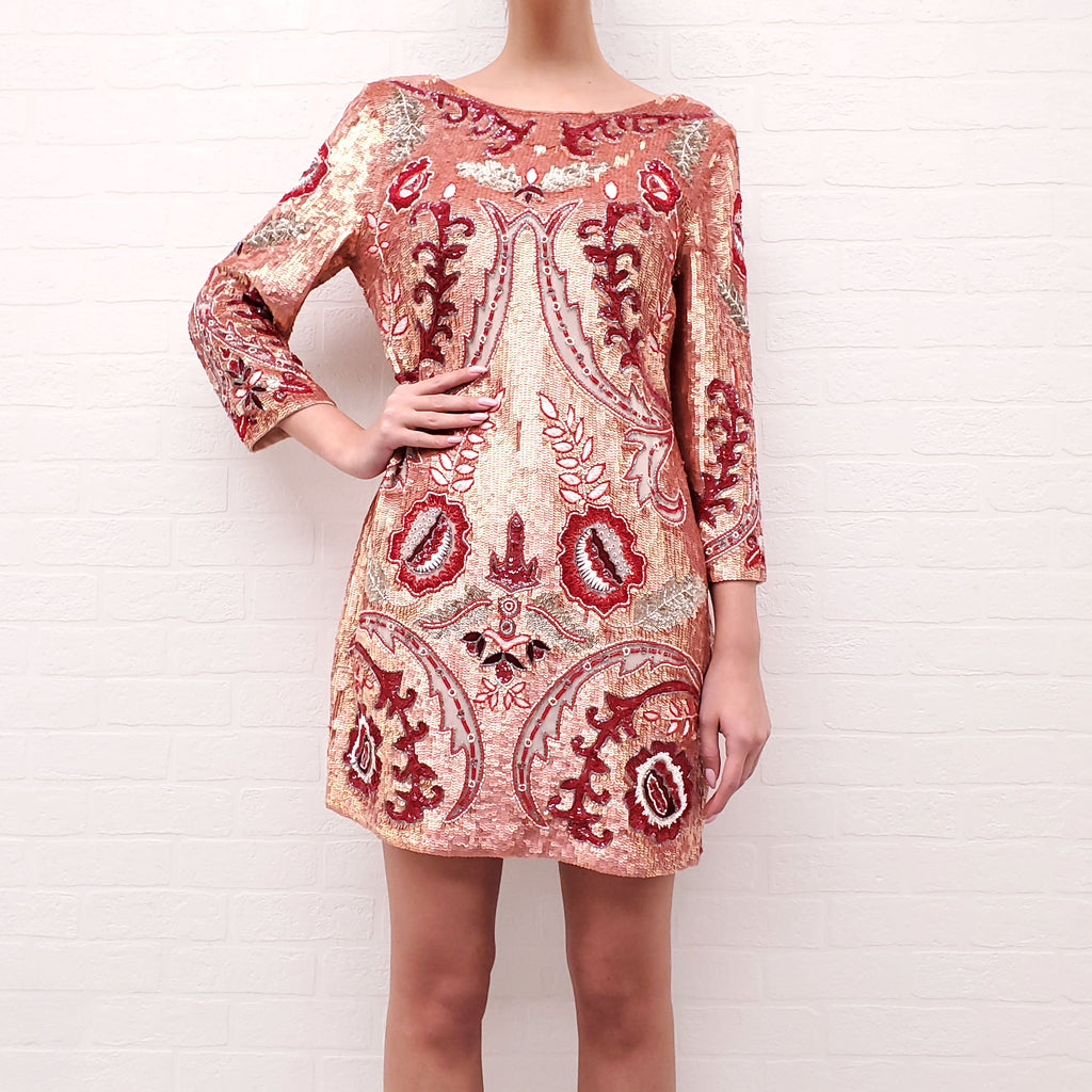 NEEDLE & THREAD ROSE GOLD & RED PATTERNED SEQUIN BEADED DRESS - SIZE 10