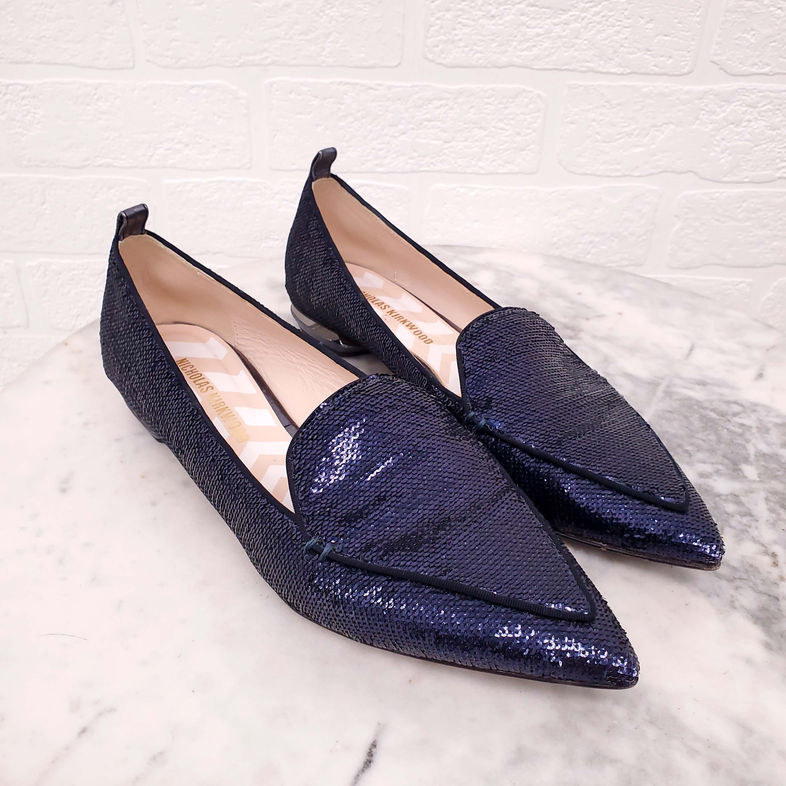 NICHOLAS KIRKWOOD NAVY SEQUIN FLATS - SIZE 39.5