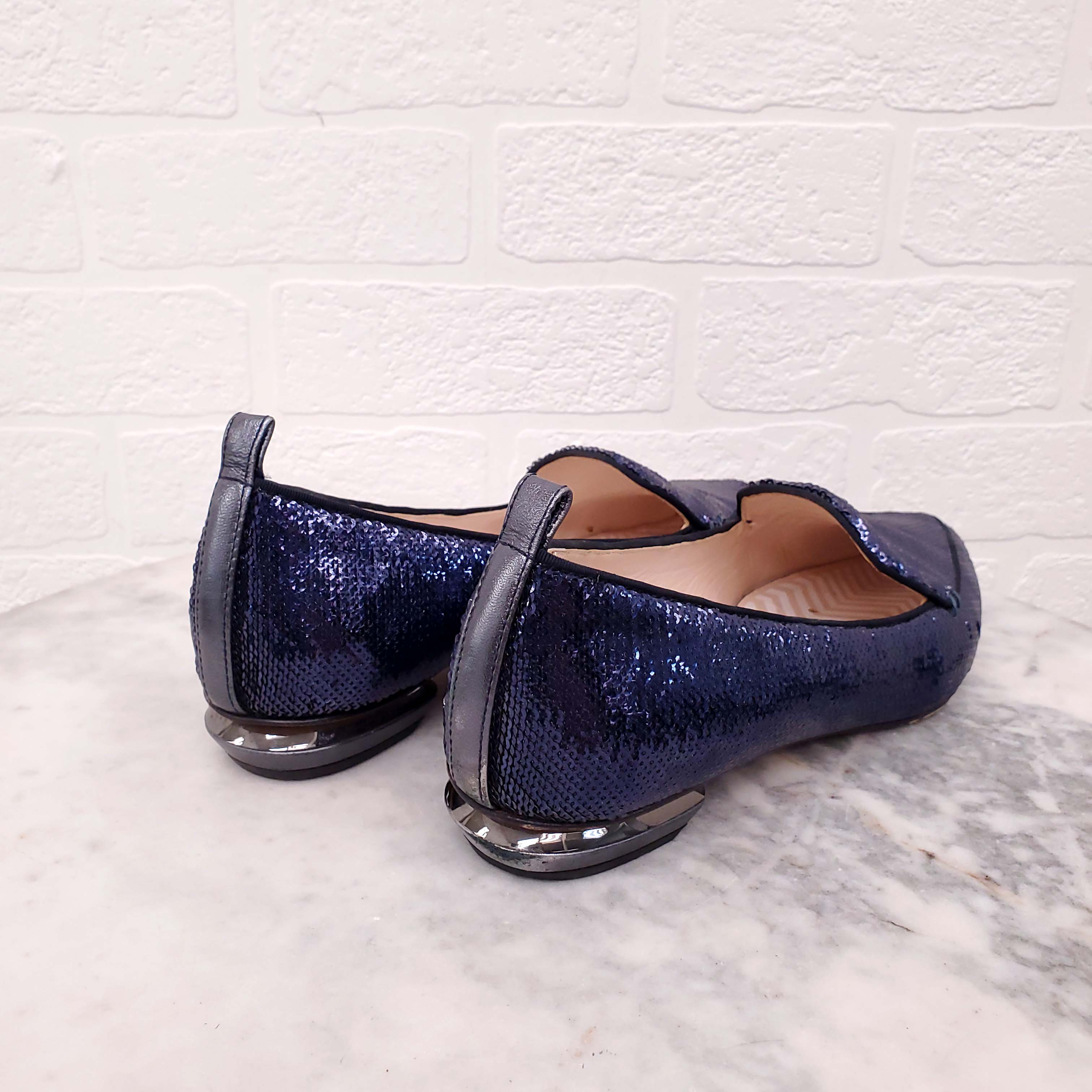 NICHOLAS KIRKWOOD NAVY SEQUIN FLATS - SIZE 39.5