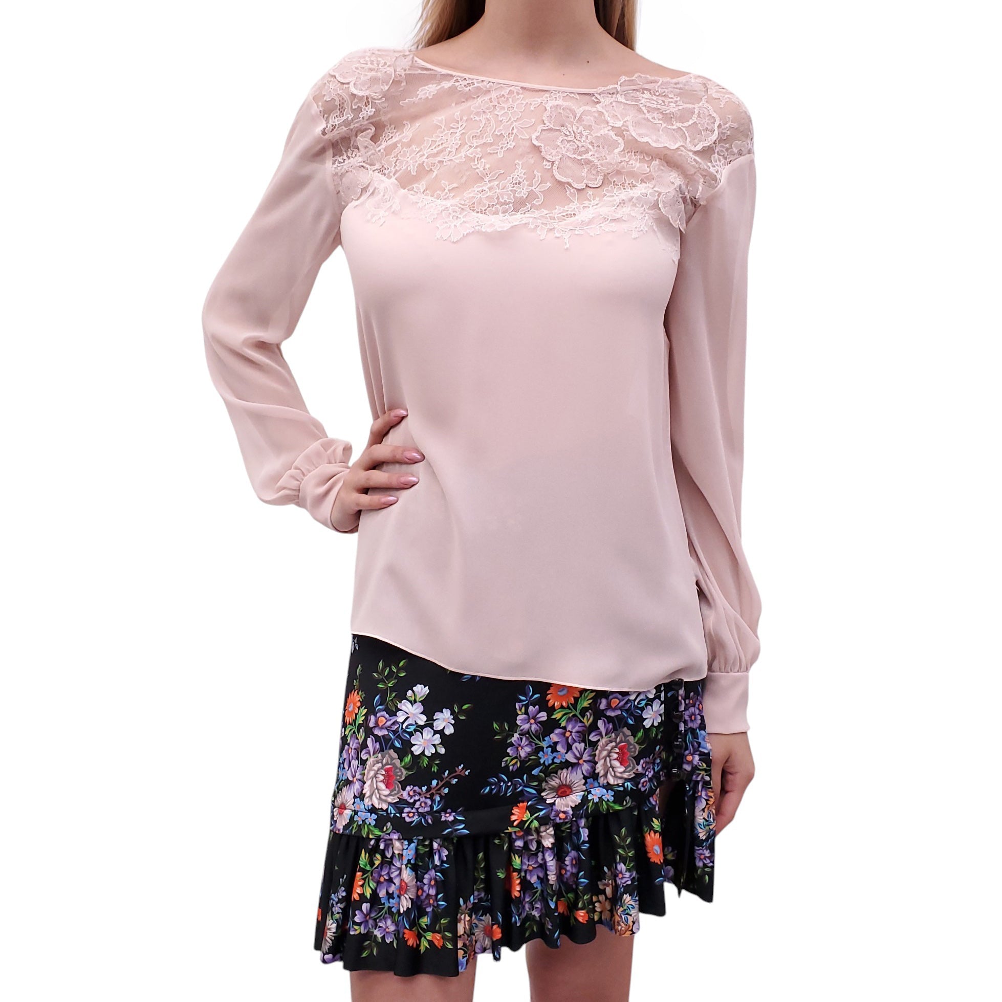 NINA RICCI PINK SILK BLOUSE WITH LACE - SIZE 42