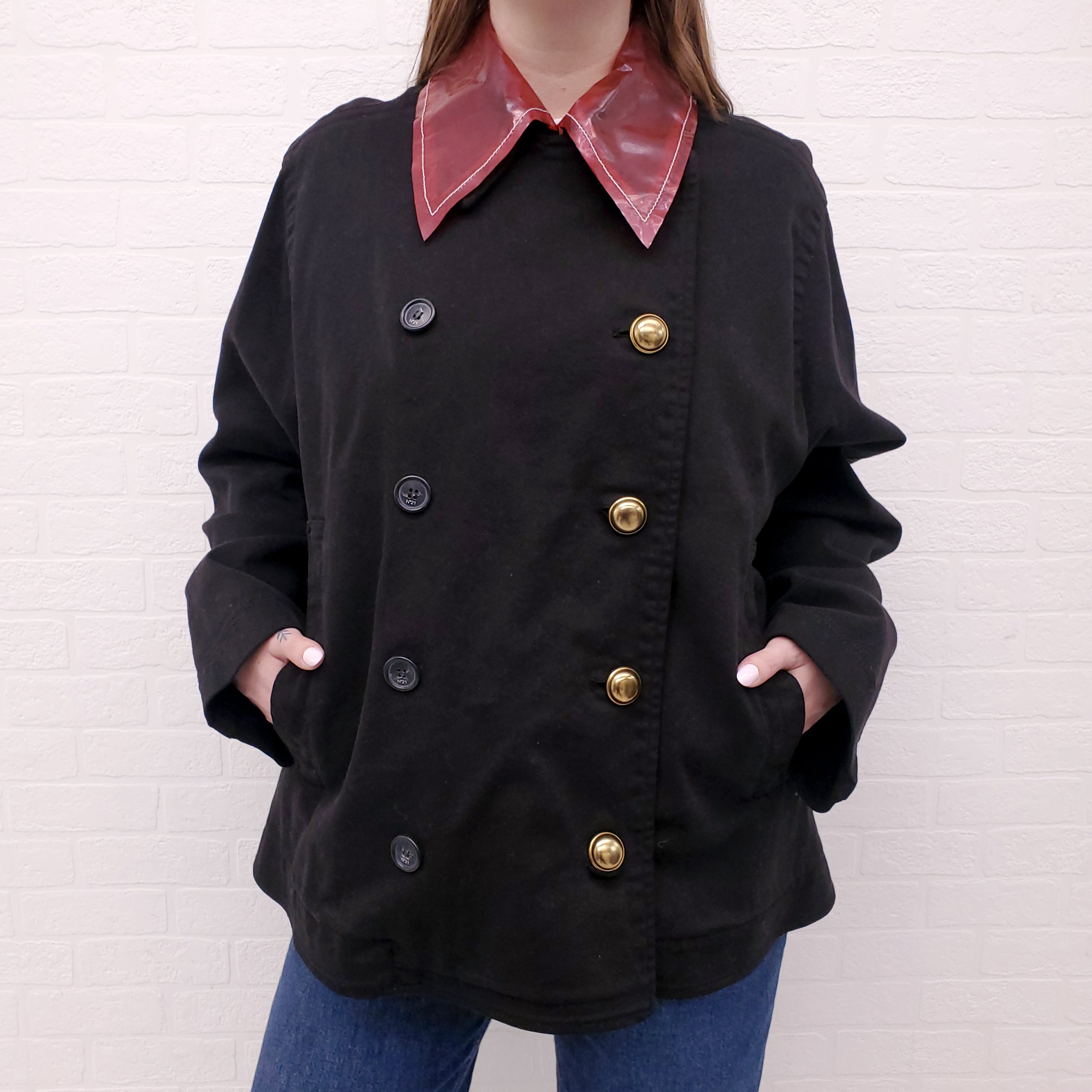 Nº21 DENIM JACKET WITH RED PVC COLLAR - SIZE 44