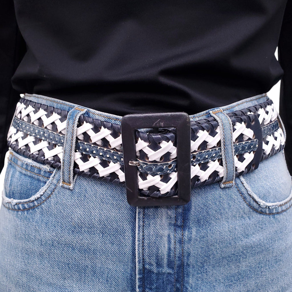 OSCAR DE LA RENTA BLACK AND WHITE WAIST BELT WITH SNAKESKIN DETAIL - SIZE L