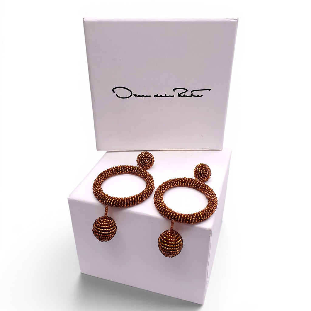 OSCAR DE LA RENTA BRONZE BEADED HOOP DROP EARRINGS