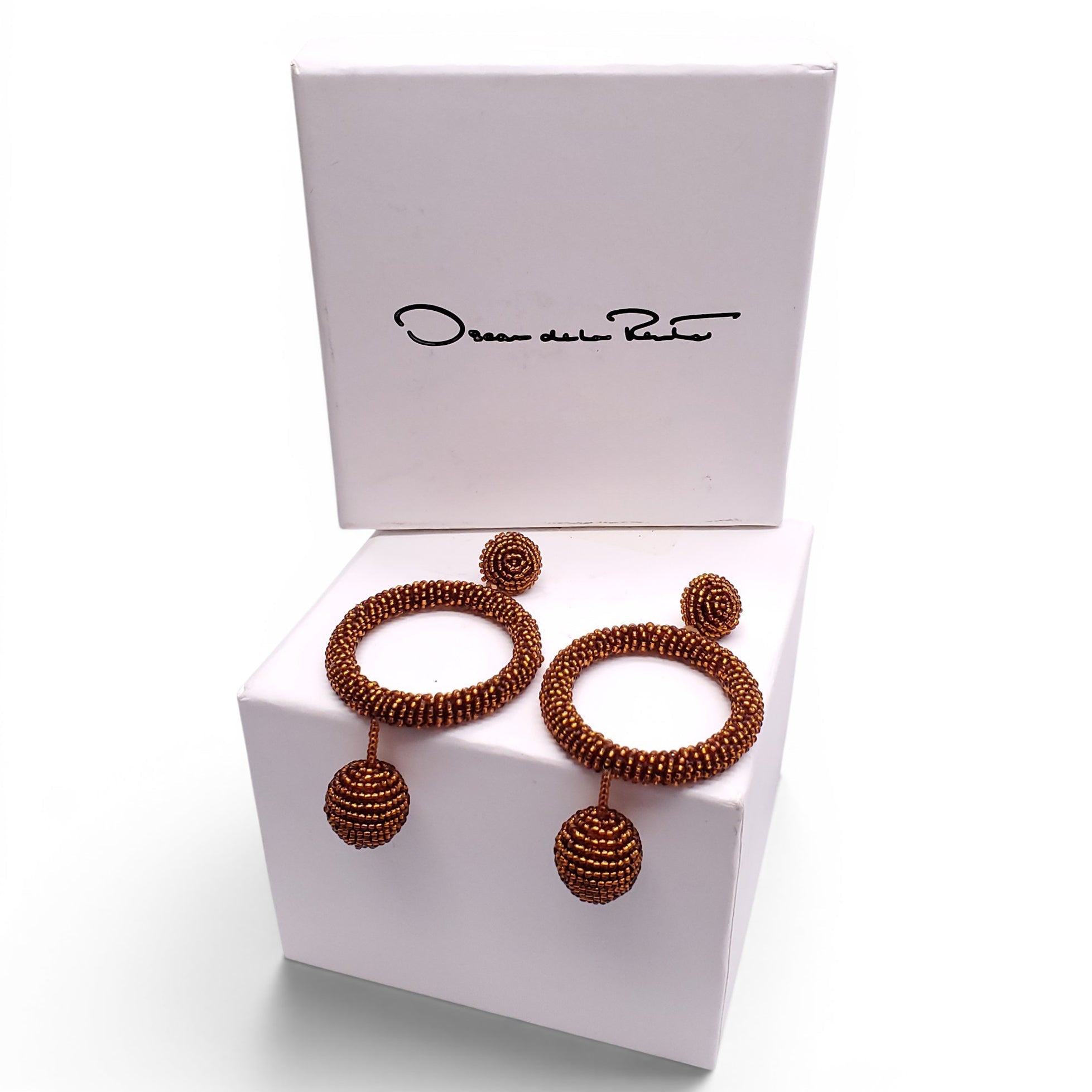 OSCAR DE LA RENTA BRONZE BEADED HOOP DROP EARRINGS