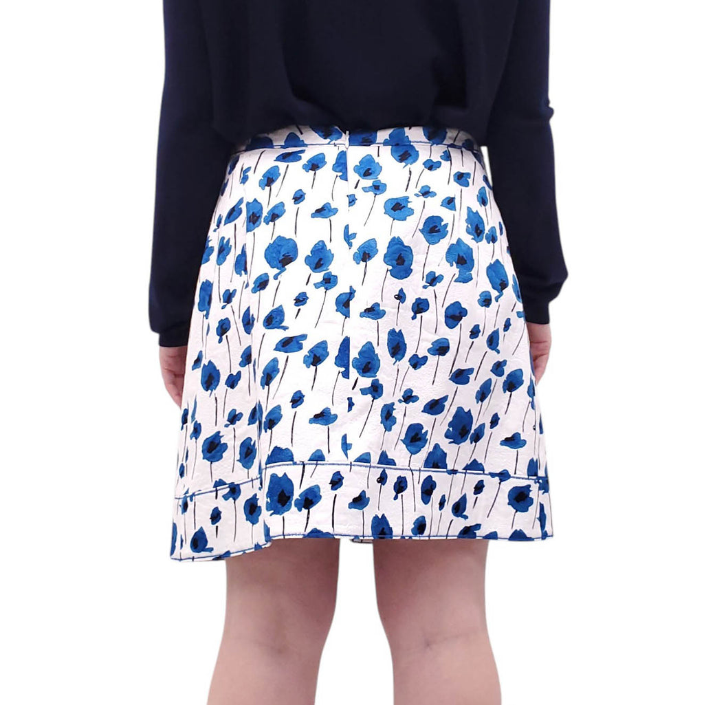 OSCAR DE LA RENTA CREAM AND BLUE FLORAL SKIRT - SIZE 10