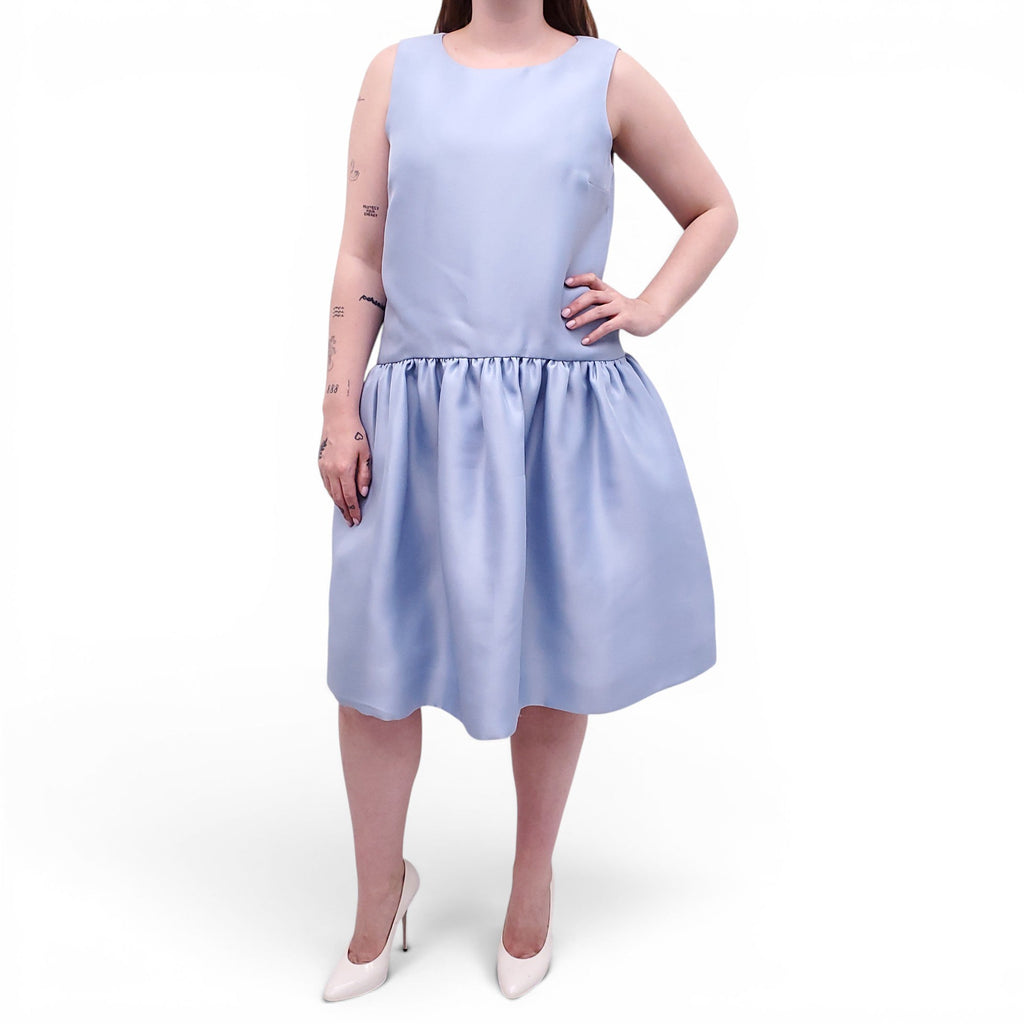 OSCAR DE LA RENTA LIGHT BLUE GATHERED DUCHESS SILK-SATIN GATHERED DROP WAIST DRESS - SIZE 12