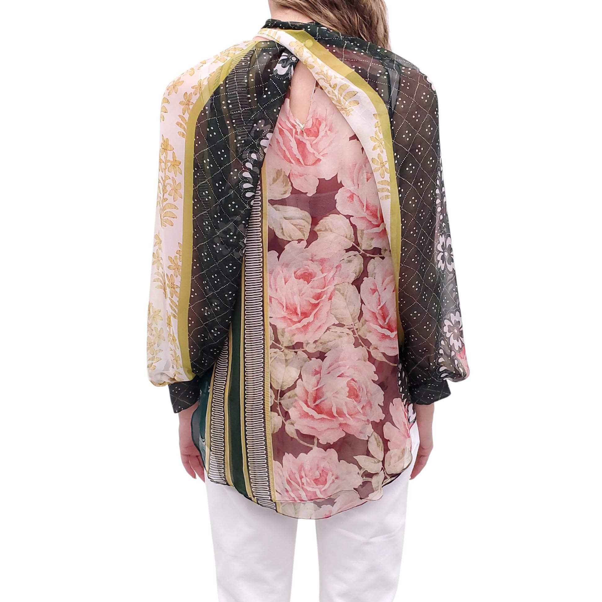 OSCAR DE LA RENTA MULTI-PATTERNED SHEER SILK BLOUSE - SIZE 6