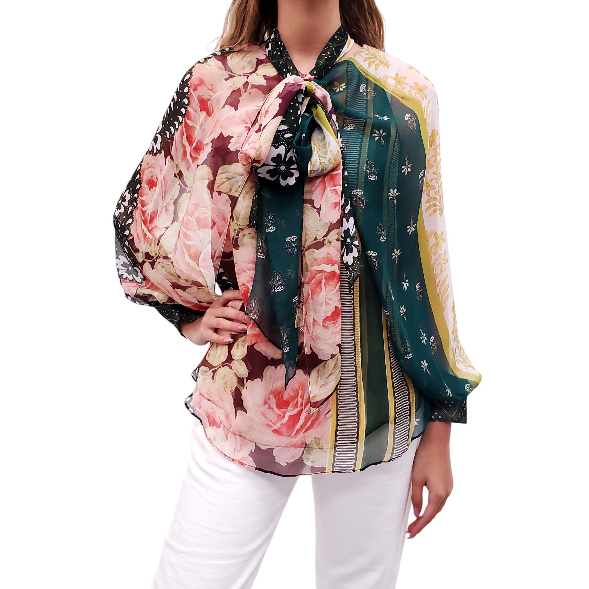 OSCAR DE LA RENTA MULTI-PATTERNED SHEER SILK BLOUSE - SIZE 6