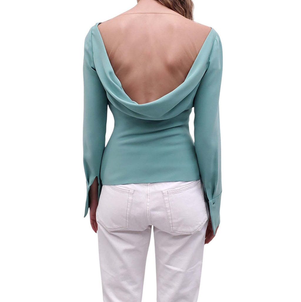 OSCAR DE LA RENTA TURQUOISE DRAPED TULLE BLOUSE WITH FLORAL APPLIQUÉ - SIZE 4