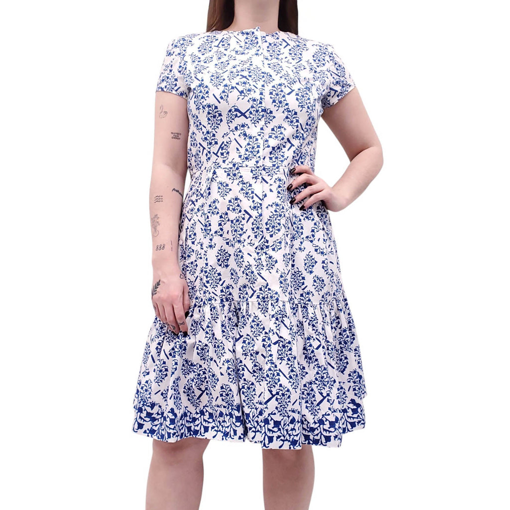 OSCAR DE LA RENTA WHITE AND BLUE COTTON FLORAL DRESS - SIZE 12