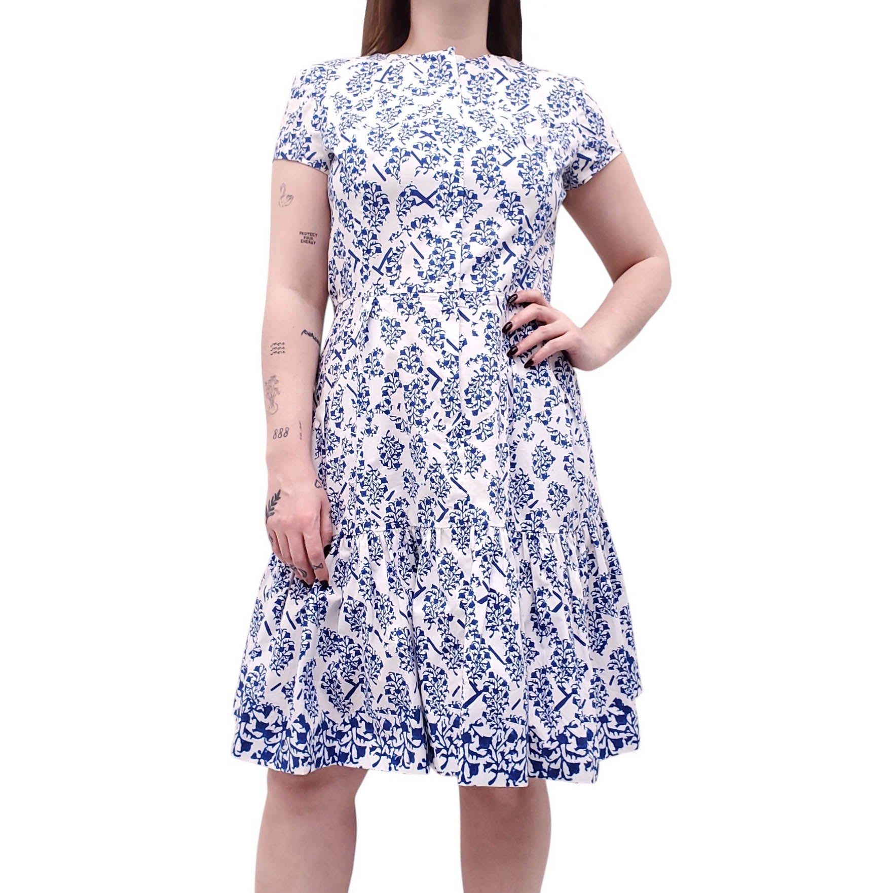 OSCAR DE LA RENTA WHITE AND BLUE COTTON FLORAL DRESS - SIZE 12