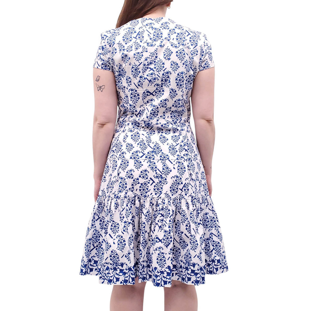 OSCAR DE LA RENTA WHITE AND BLUE COTTON FLORAL DRESS - SIZE 12