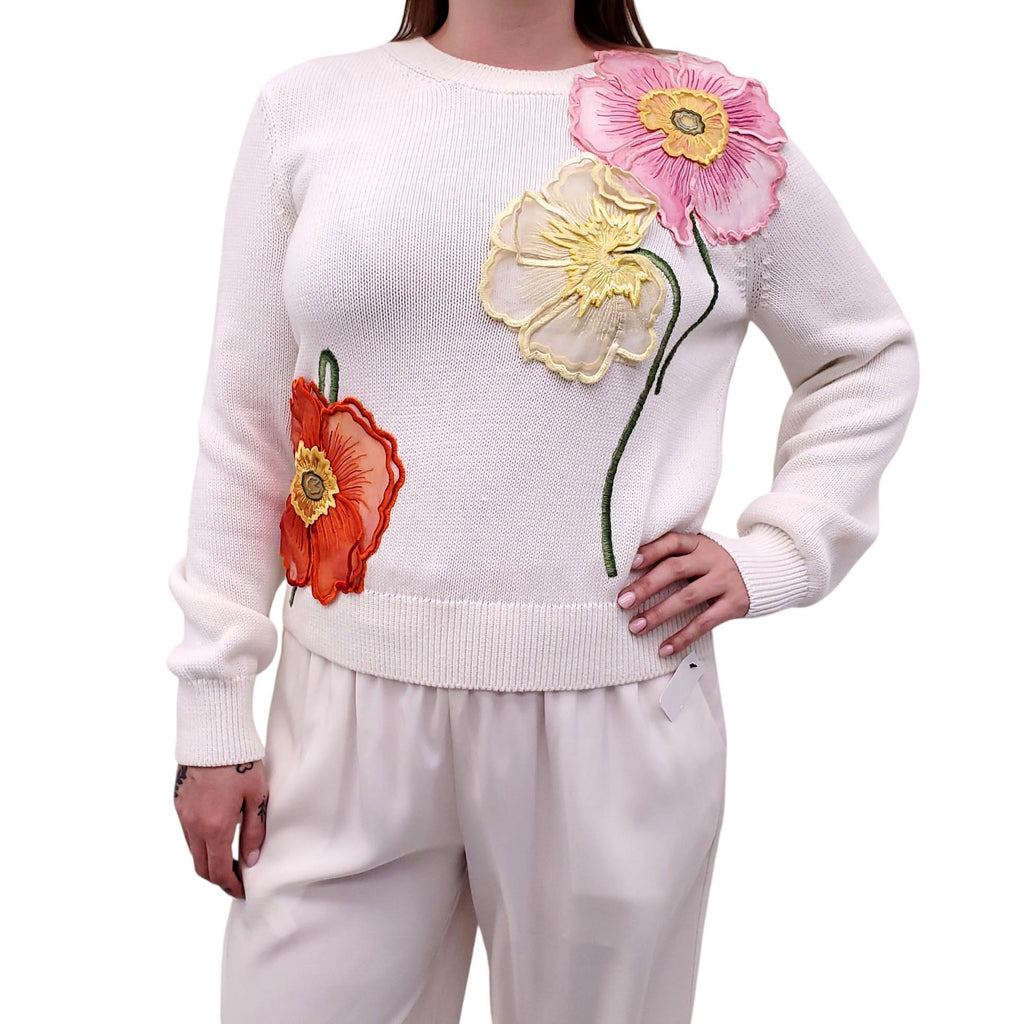 OSCAR DE LA RENTA PAINTED POPPIES-EMBROIDERED COTTON SWEATER - SIZE L