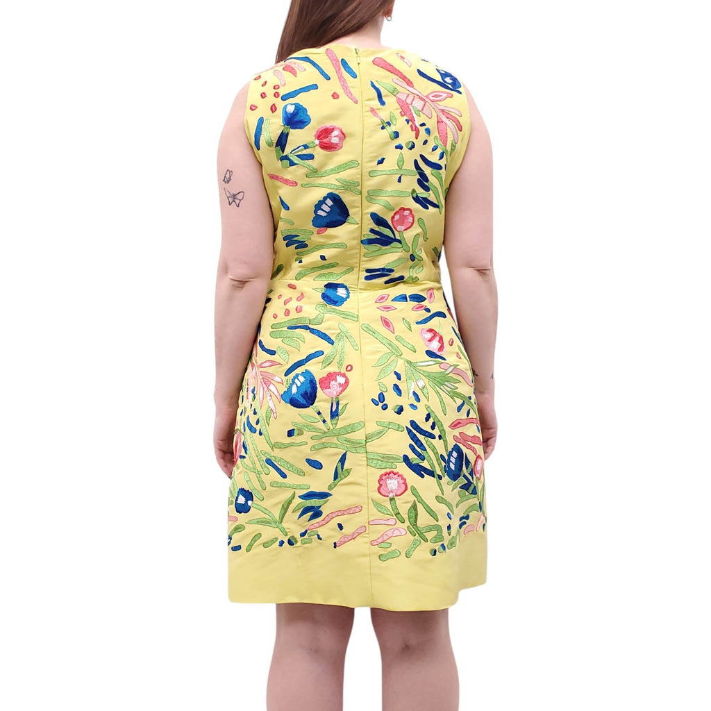 OSCAR DE LA RENTA YELLOW TAFFETA DRESS WITH FLORAL APPLIQUE - SIZE 8