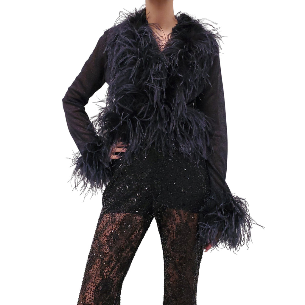 OSÉREE BLACK FEATHERED METALLIC TOP - SIZE M/L