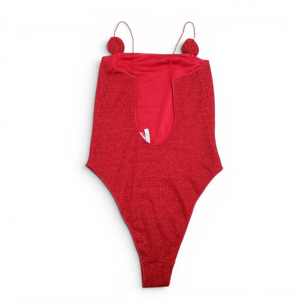 OSÉREE RED METALLIC ROSETTE ONE-PIECE SWIMSUIT - SIZE M