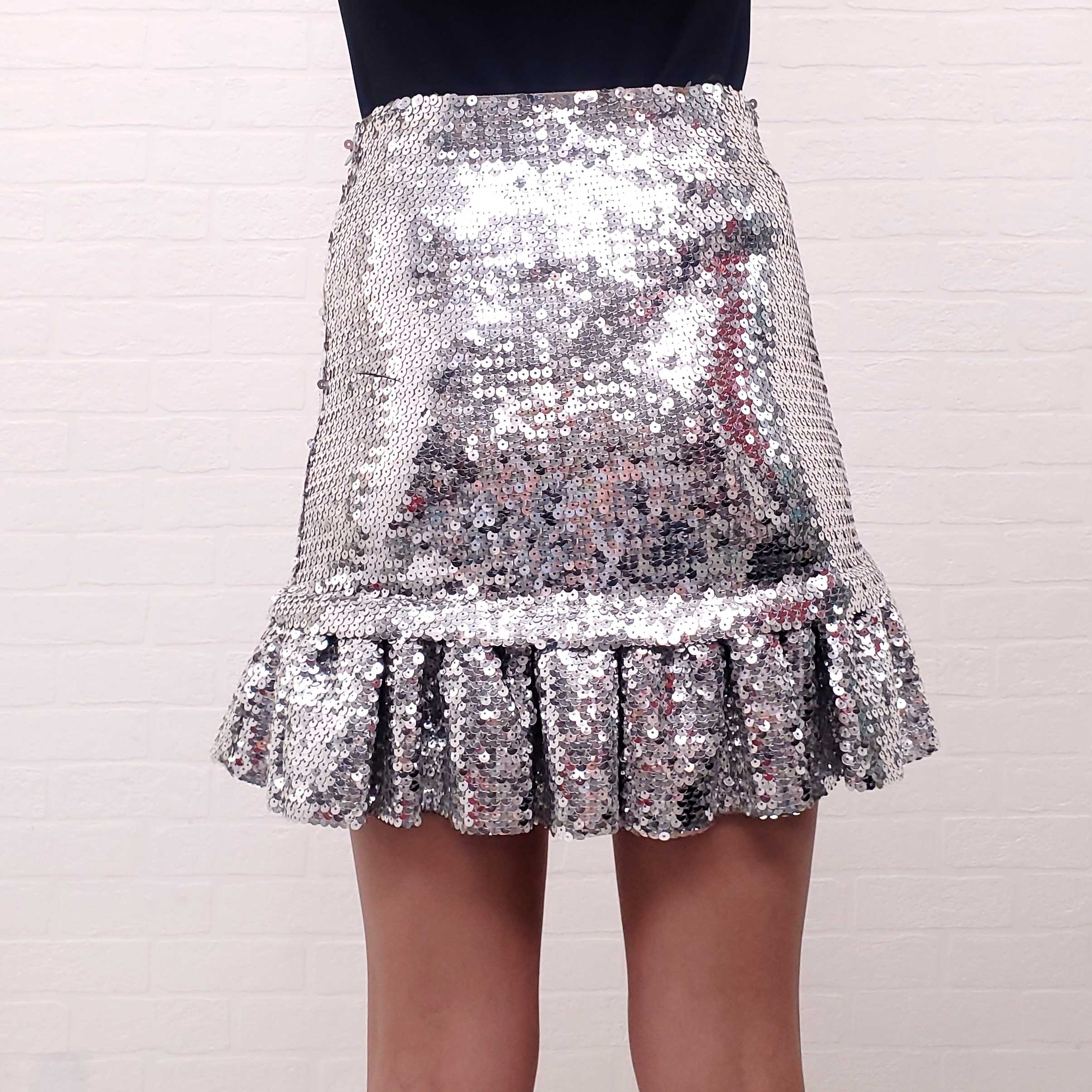 PACO RABANNE SILVER SEQUIN RUFFLE SKIRT - SIZE 38