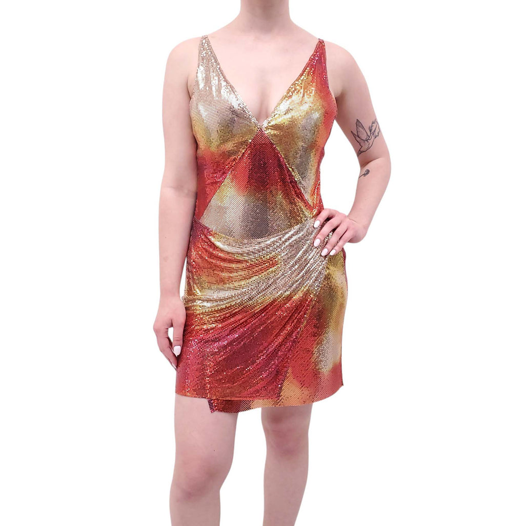PACO RABANNE SUNSET PIXEL CHAINMAIL RUCHED MINI DRESS - SIZE 36