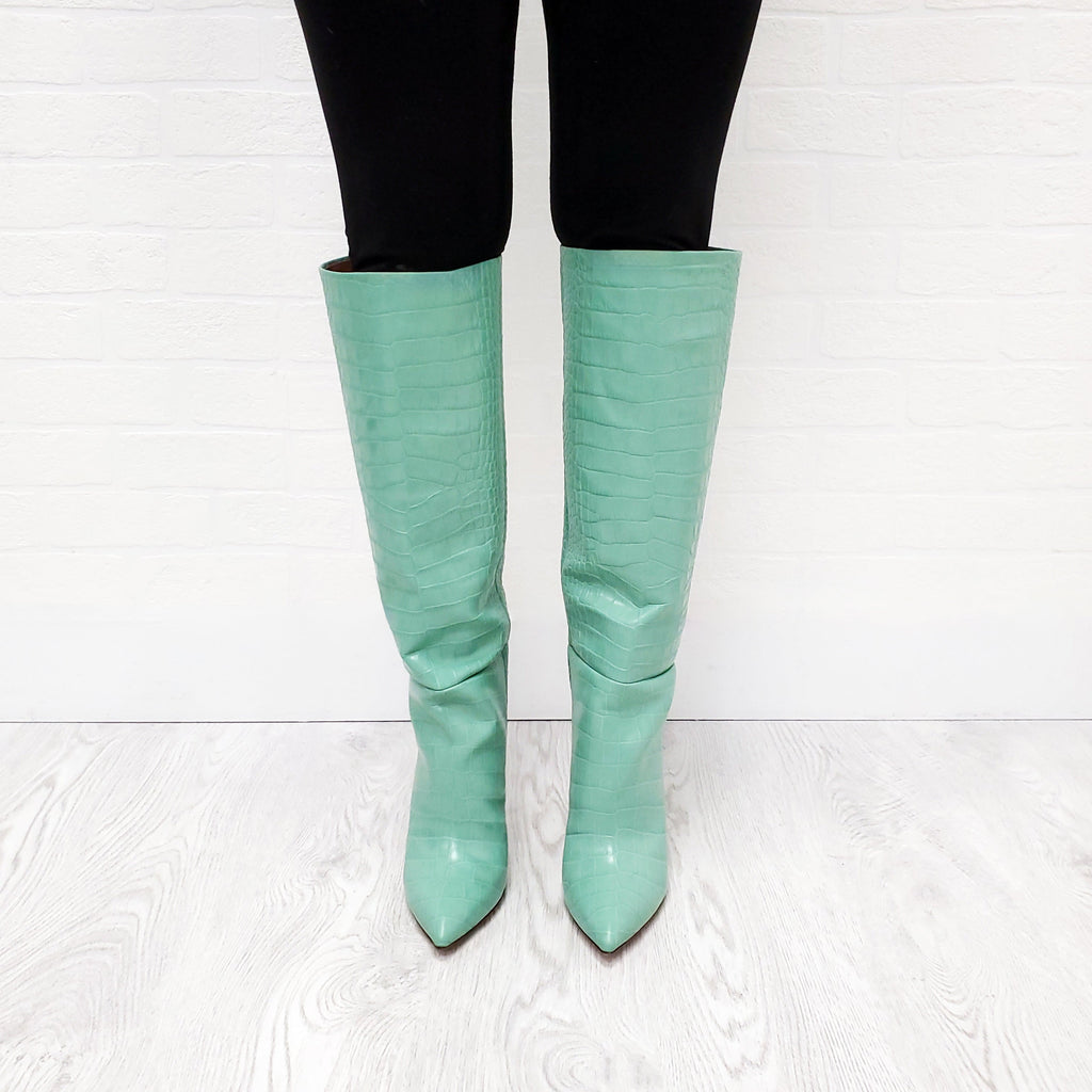 PARIS TEXAS MINT CROCODILE PRINT LEATHER BOOTS - SIZE 37.5