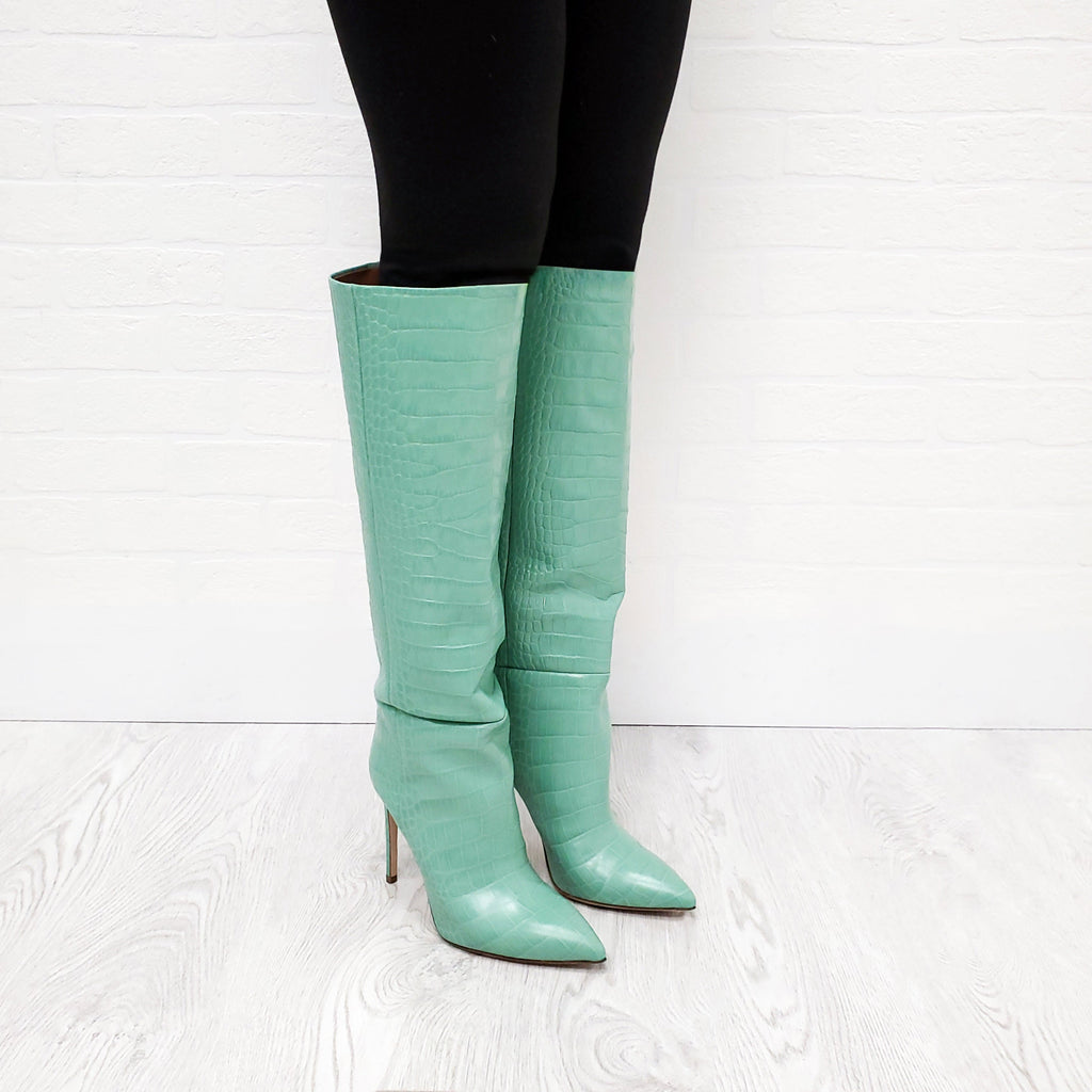 PARIS TEXAS MINT CROCODILE PRINT LEATHER BOOTS - SIZE 37.5