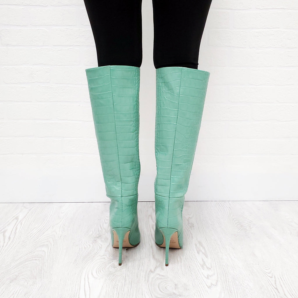 PARIS TEXAS MINT CROCODILE PRINT LEATHER BOOTS - SIZE 37.5