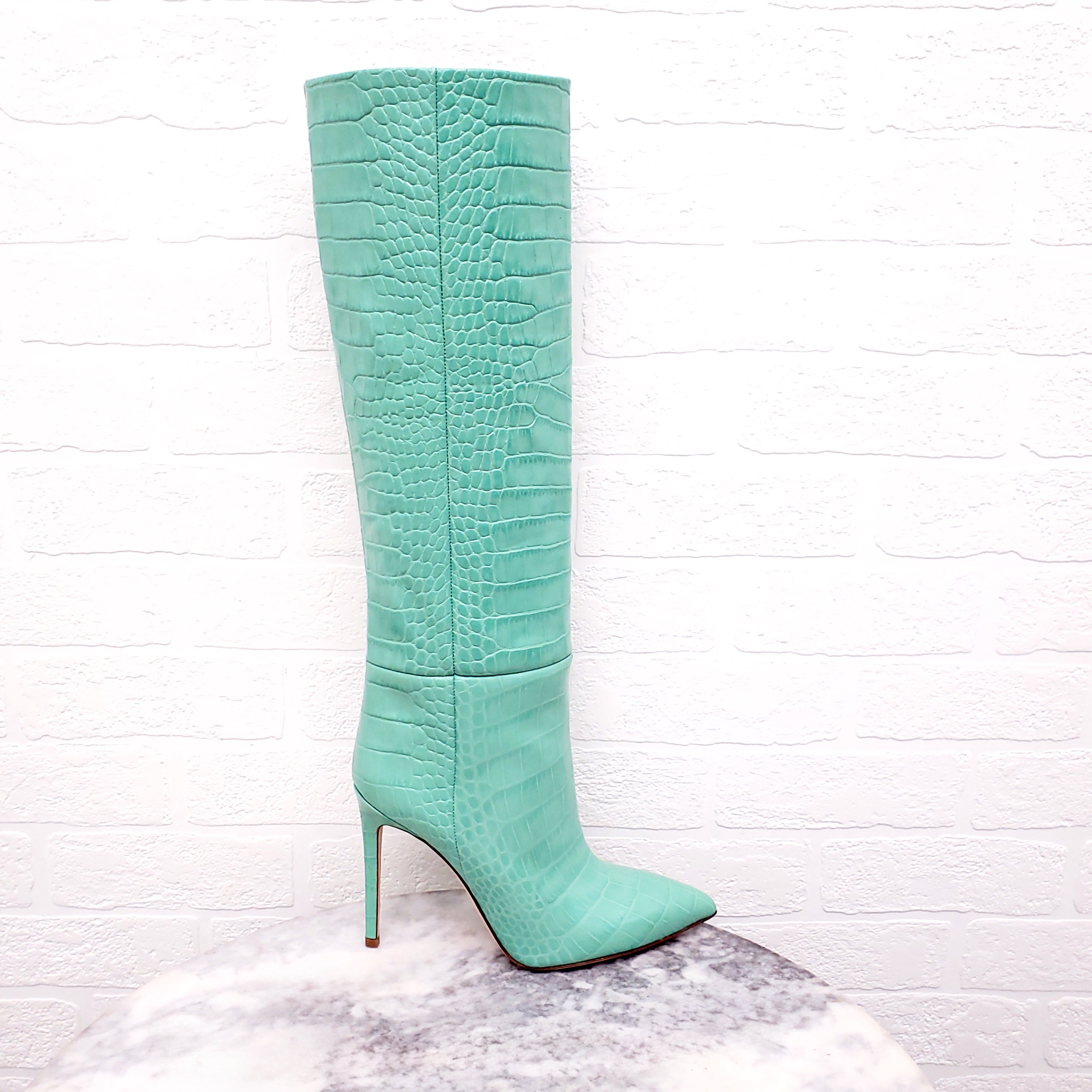 PARIS TEXAS MINT CROCODILE PRINT LEATHER BOOTS - SIZE 37.5