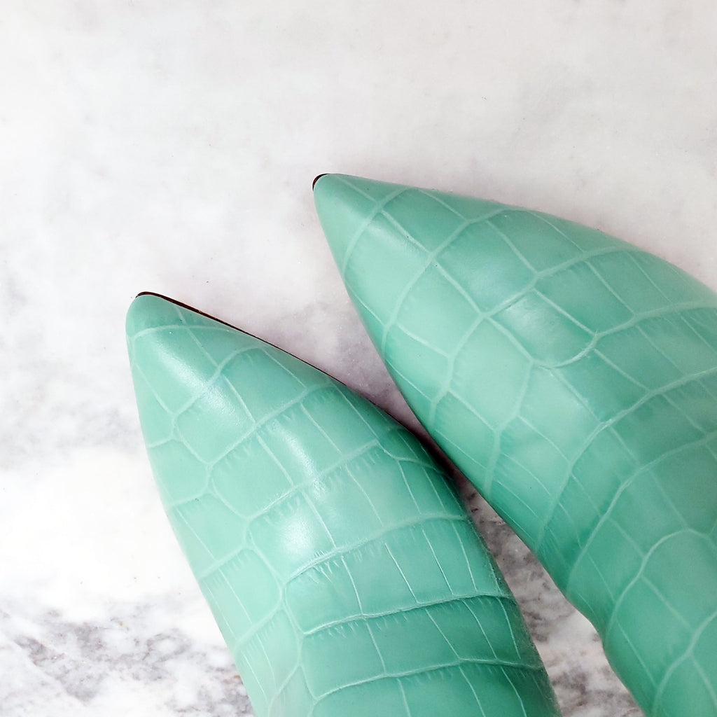 PARIS TEXAS MINT CROCODILE PRINT LEATHER BOOTS - SIZE 37.5