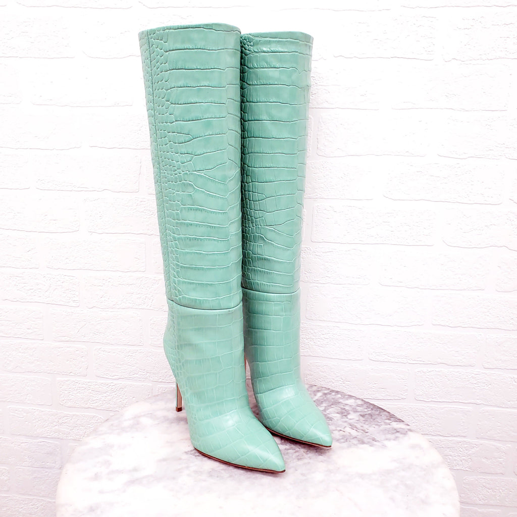 PARIS TEXAS MINT CROCODILE PRINT LEATHER BOOTS - SIZE 37.5