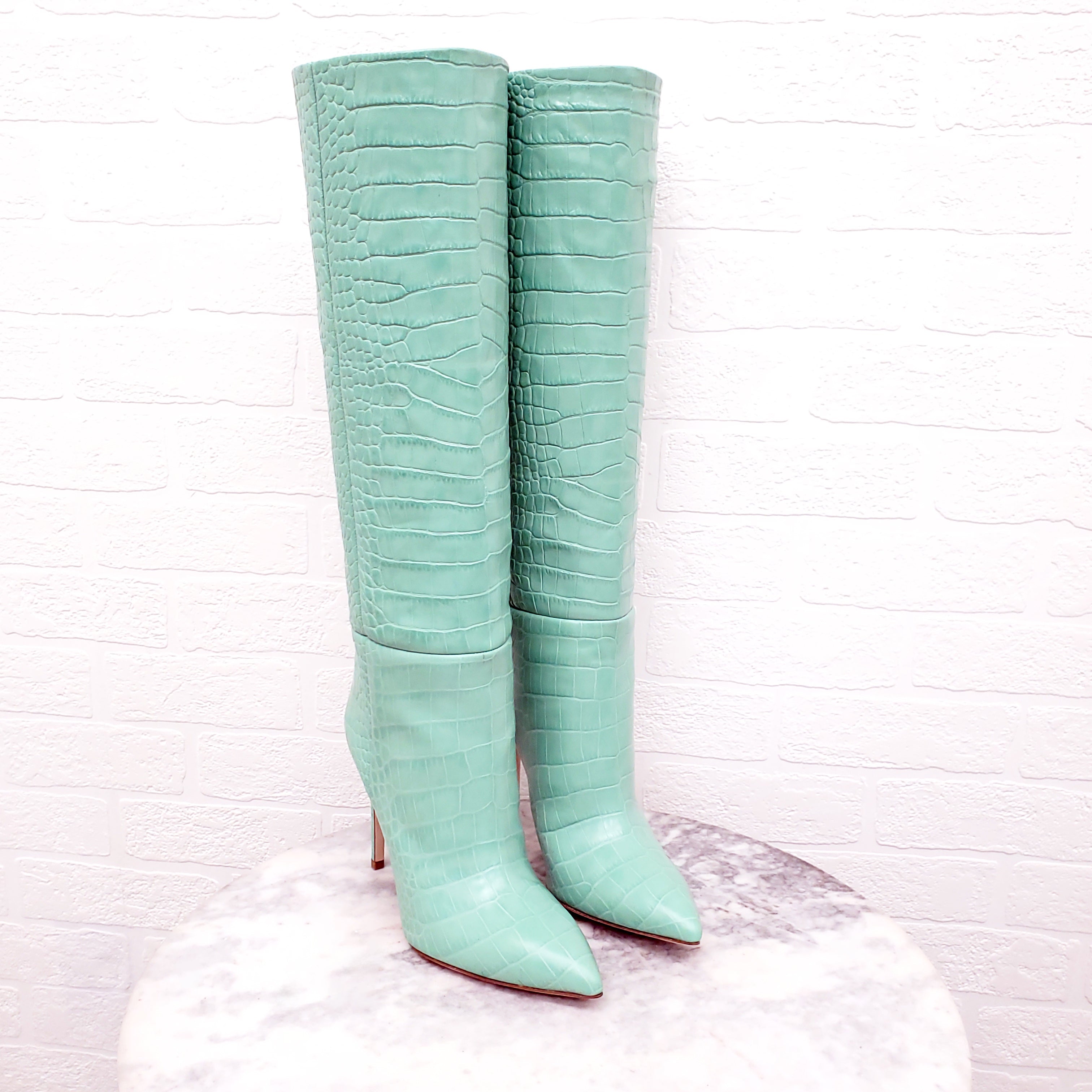 PARIS TEXAS MINT CROCODILE PRINT LEATHER BOOTS - SIZE 37.5