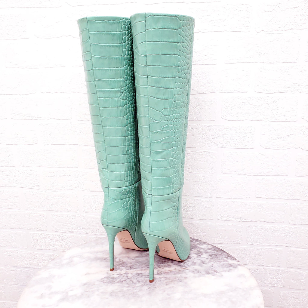 PARIS TEXAS MINT CROCODILE PRINT LEATHER BOOTS - SIZE 37.5