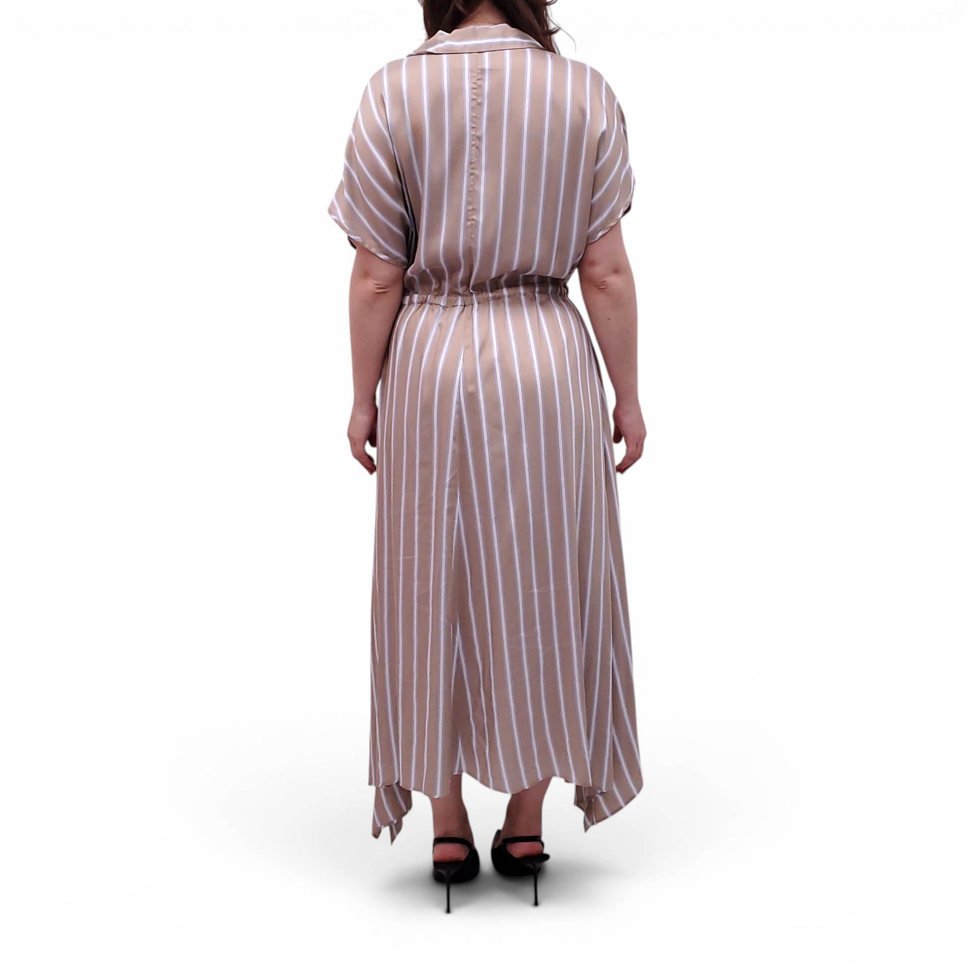 PESERICO TAUPE AND BLUE STRIPED DRESS - SIZE 50