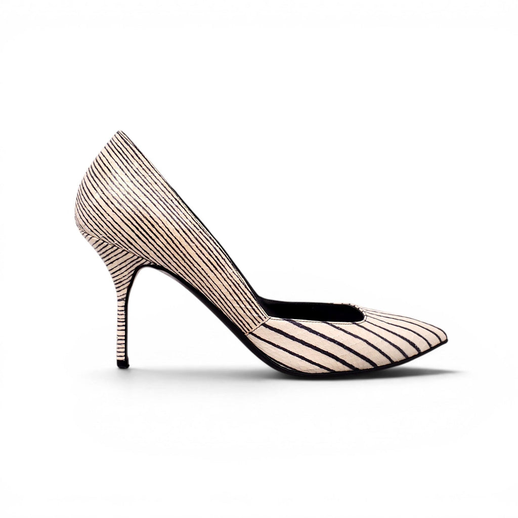 PIERRE HARDY CREAM AND BLACK STRIPED SNAKESKIN LEATHER HEELS - SIZE 39