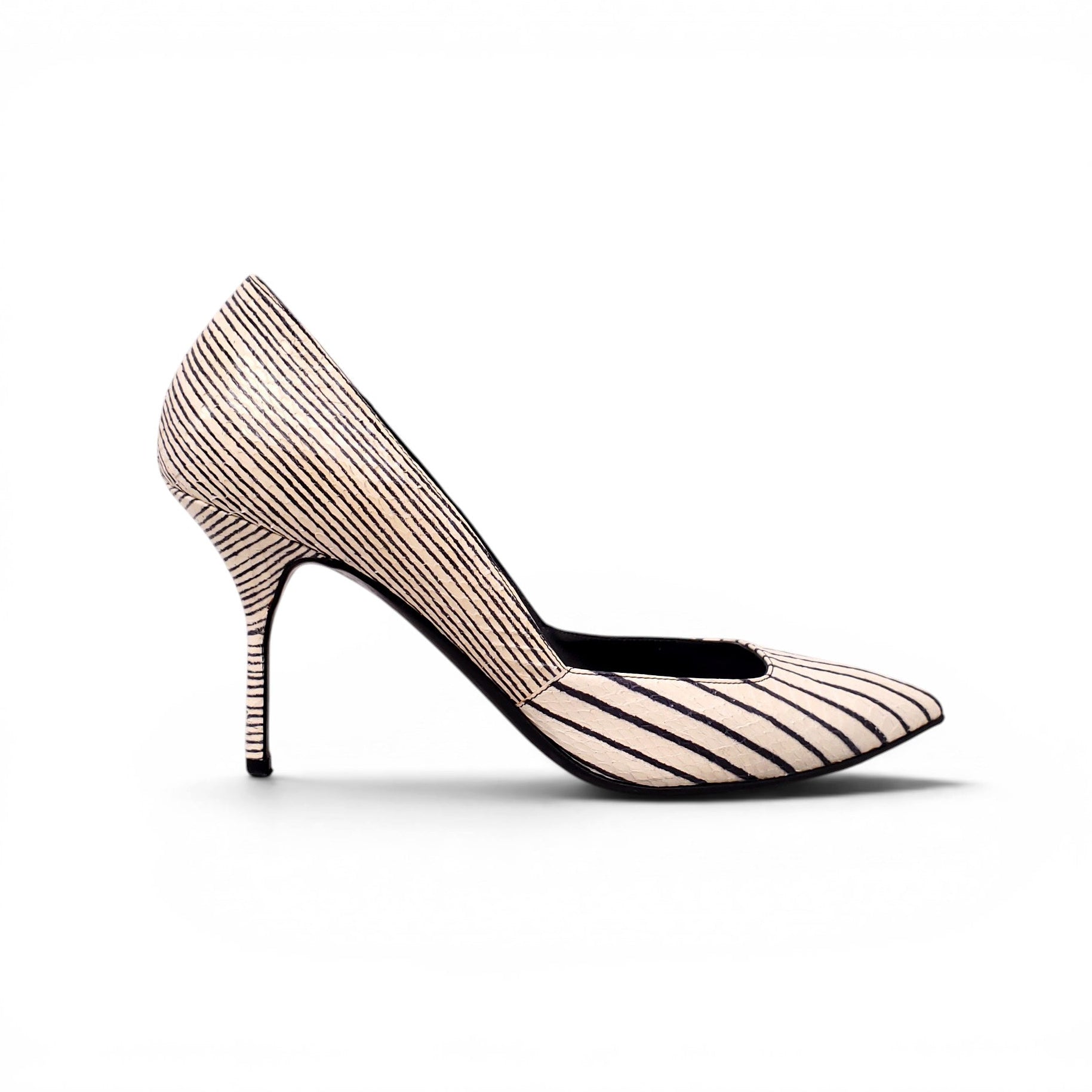PIERRE HARDY CREAM AND BLACK STRIPED SNAKESKIN LEATHER HEELS - SIZE 39