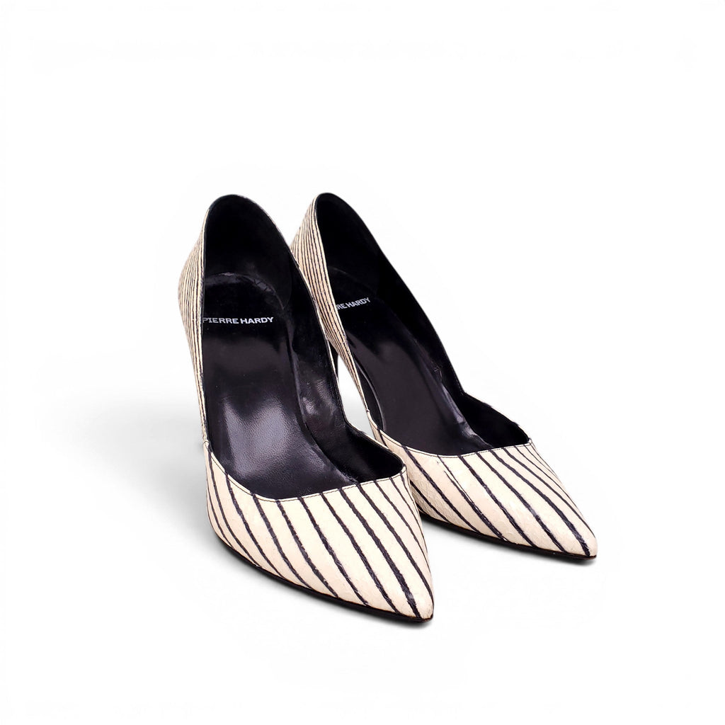PIERRE HARDY CREAM AND BLACK STRIPED SNAKESKIN LEATHER HEELS - SIZE 39