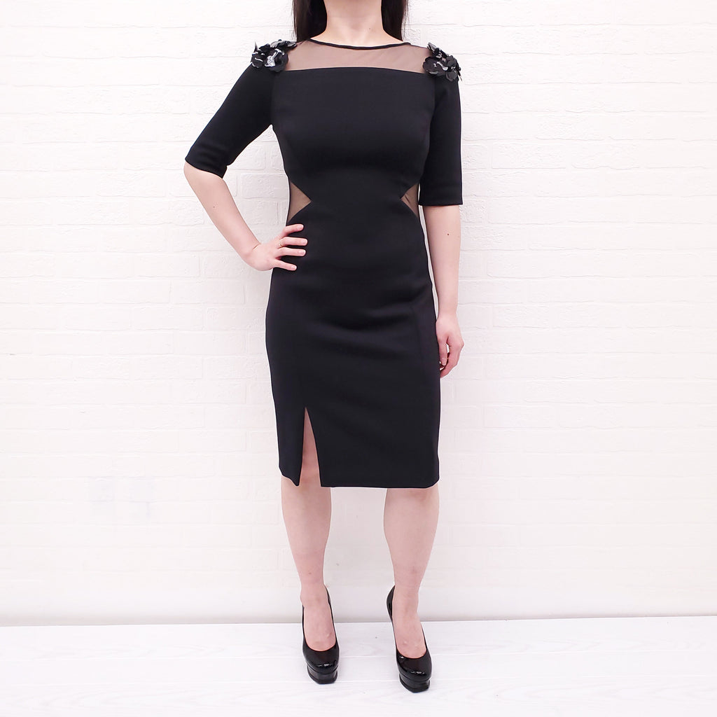 PRABAL GURUNG BLACK DRESS WITH MESH AND SEQUIN DETAIL - SIZE 6