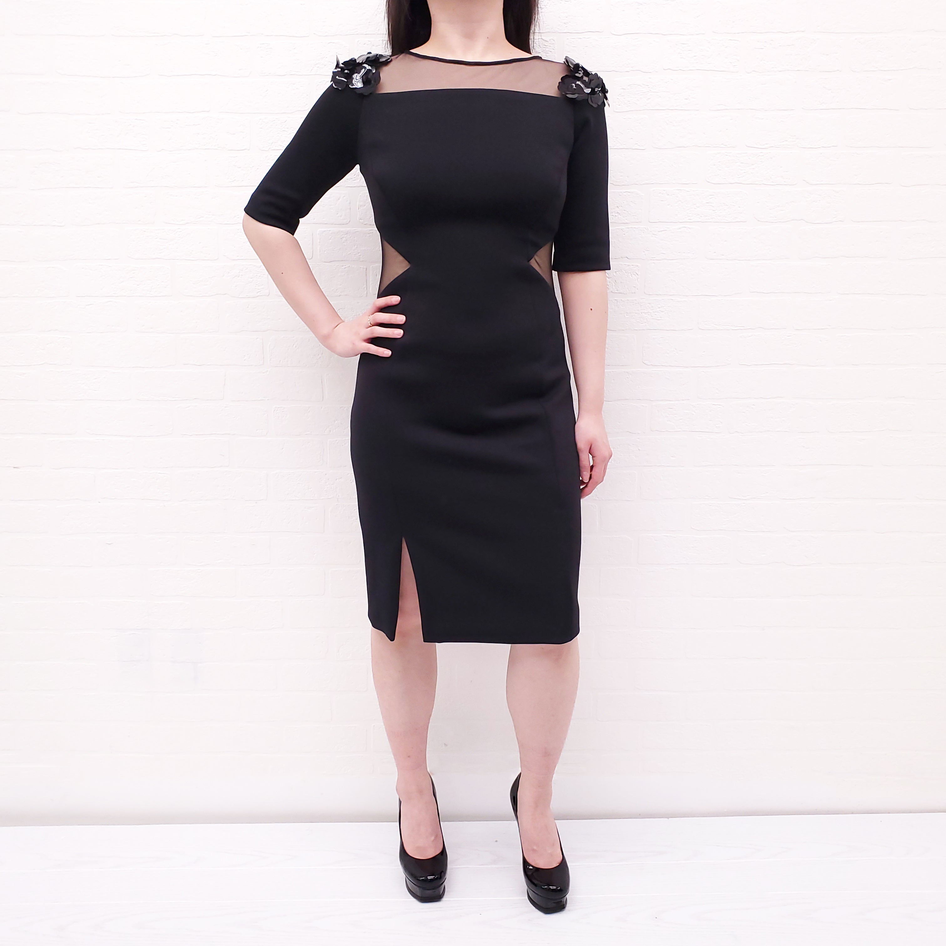 PRABAL GURUNG BLACK DRESS WITH MESH AND SEQUIN DETAIL - SIZE 6