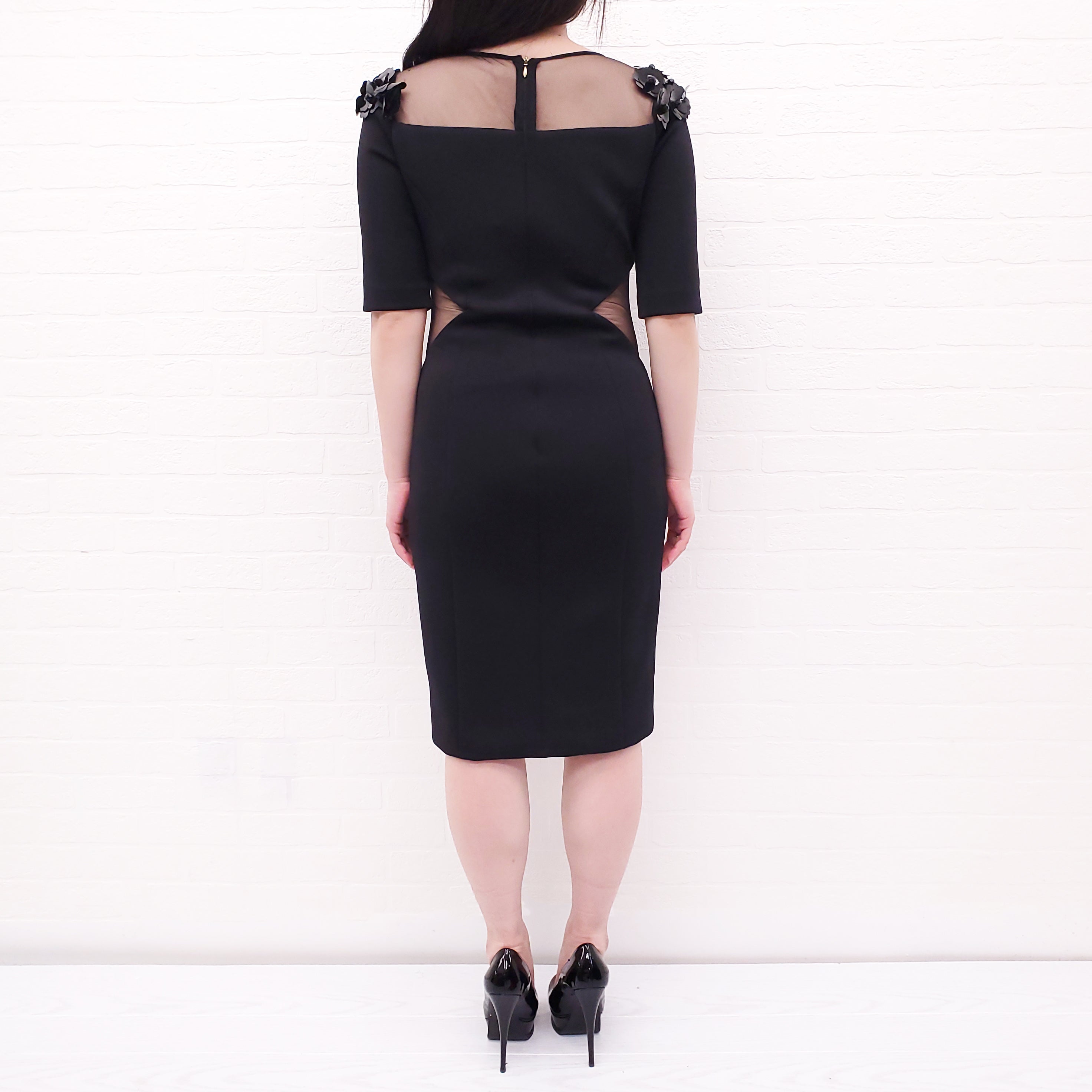 PRABAL GURUNG BLACK DRESS WITH MESH AND SEQUIN DETAIL - SIZE 6