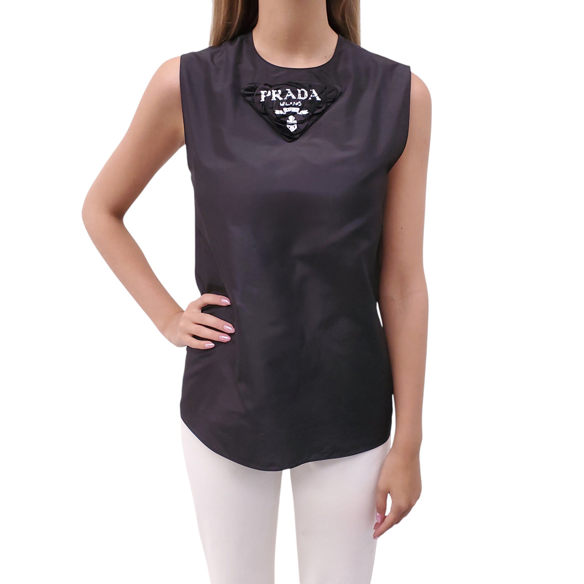 PRADA BLACK SILK LOGO BLOUSE - SIZE 40