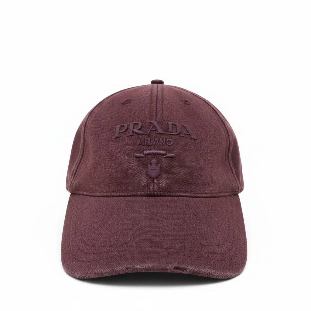 PRADA BROWN DISTRESSED LOGO BASEBALL HAT- SIZE M