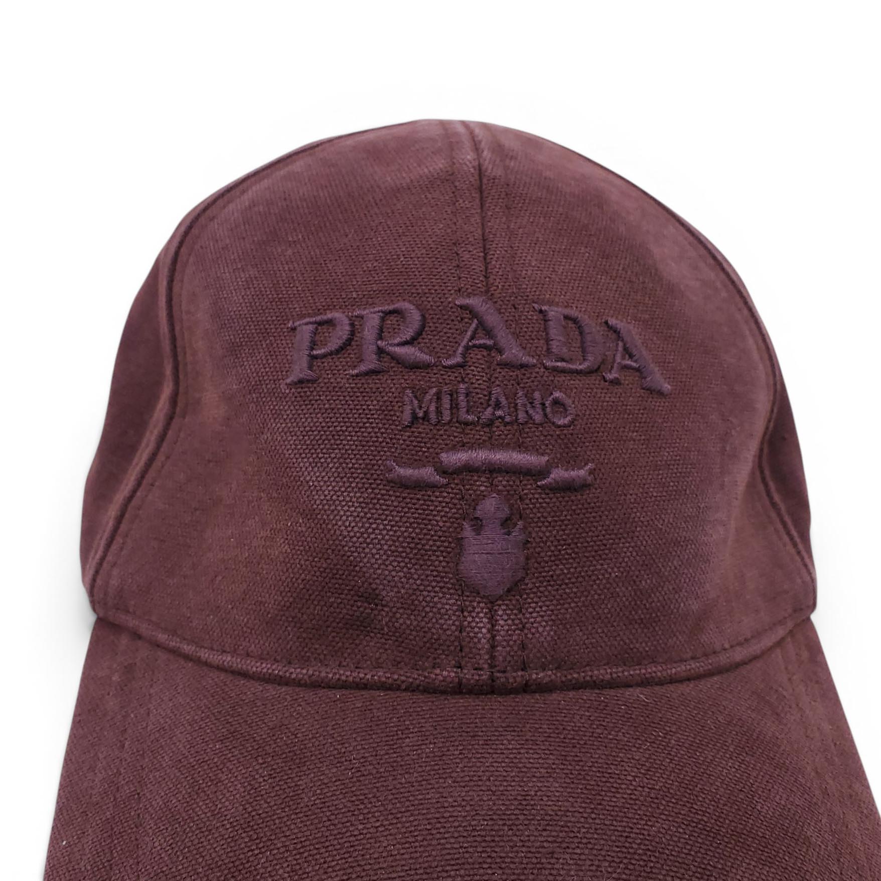 PRADA BROWN DISTRESSED LOGO BASEBALL HAT- SIZE M
