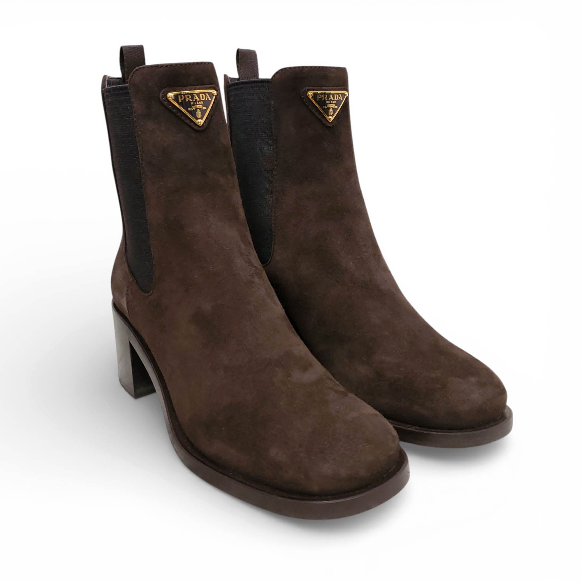 PRADA BROWN SUEDE CHELSEA BOOTS WITH LOGO - SIZE 35.5