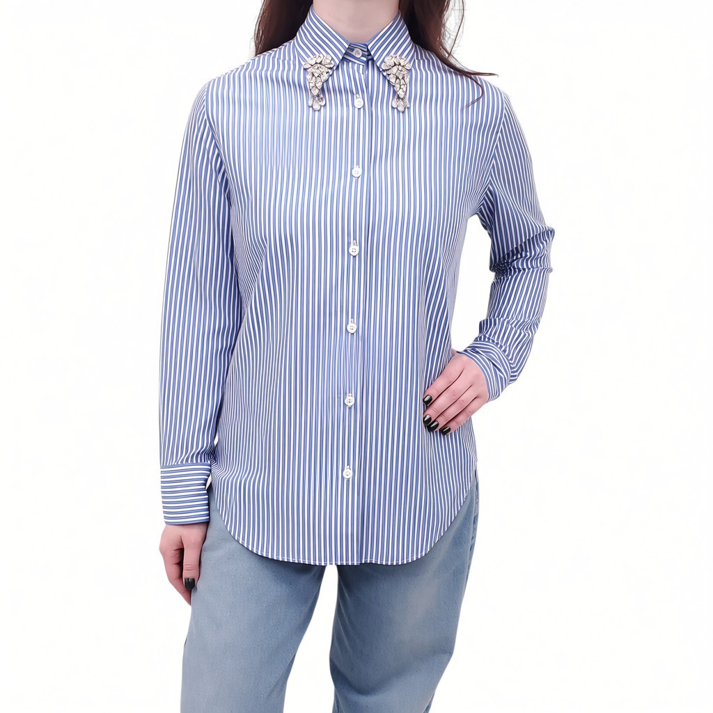 PRADA CRYSTAL EMBROIDERED STRIPED SHIRT - SIZE 38