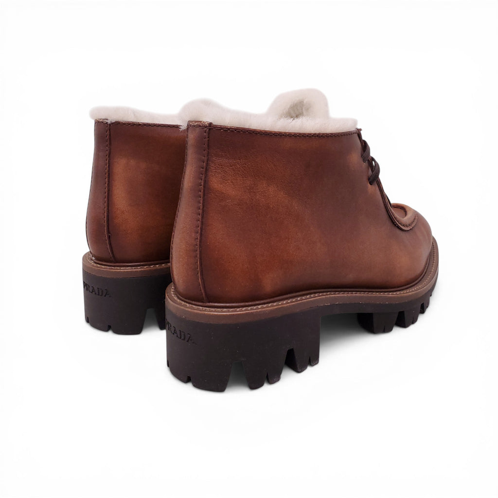 PRADA LACE UP ANKLE BOOTS WITH LOGO AND SHEARLING INTERIOR - SIZE 36