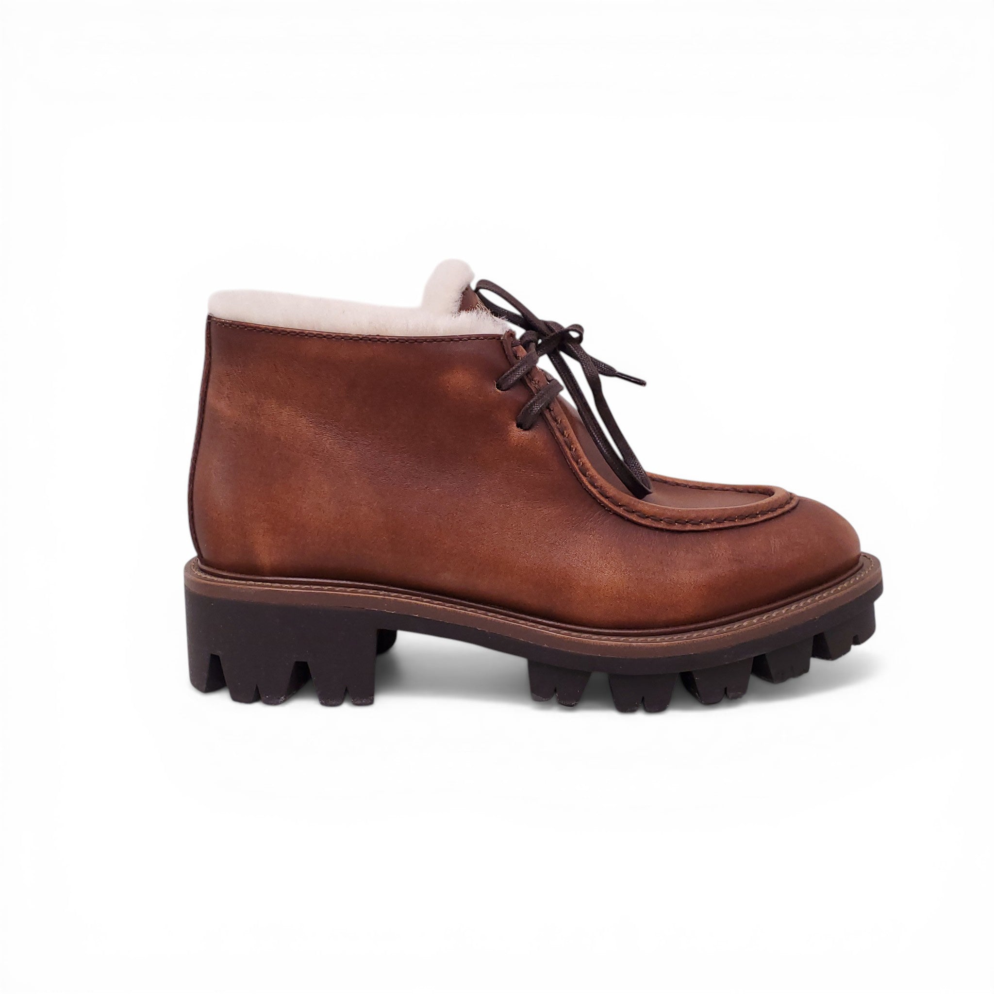 PRADA LACE UP ANKLE BOOTS WITH LOGO AND SHEARLING INTERIOR - SIZE 36
