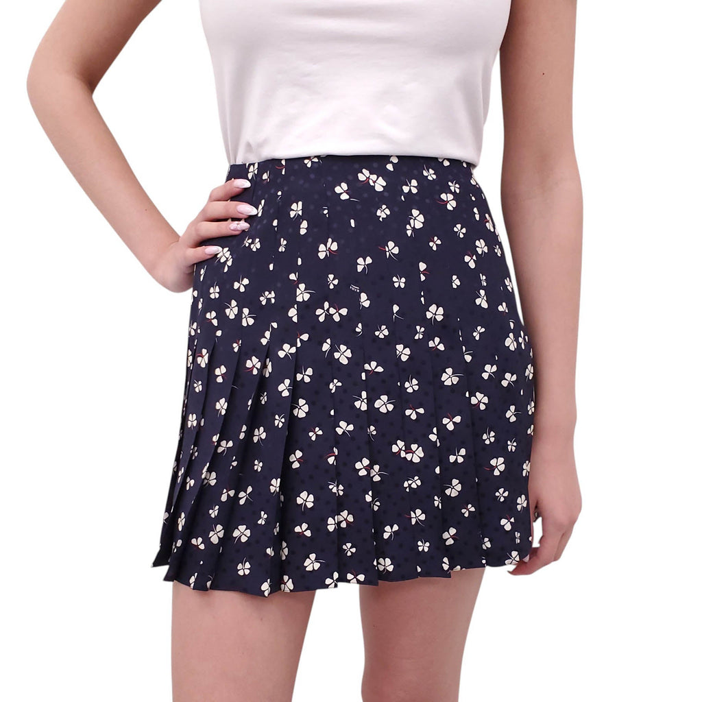 PRADA NAVY CLOVER PATTERNED PLEATED SKIRT - SIZE 38