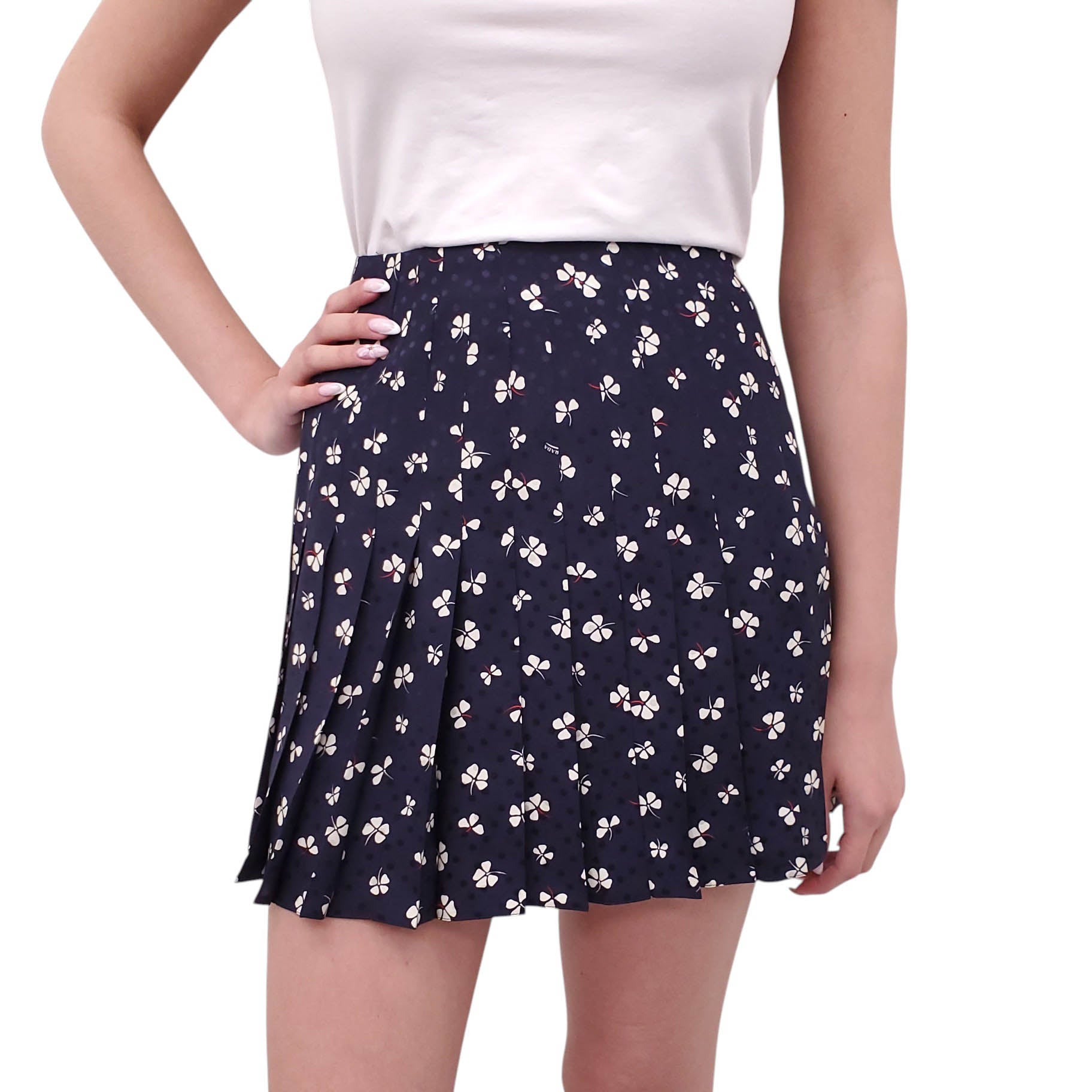 PRADA NAVY CLOVER PATTERNED PLEATED SKIRT - SIZE 38