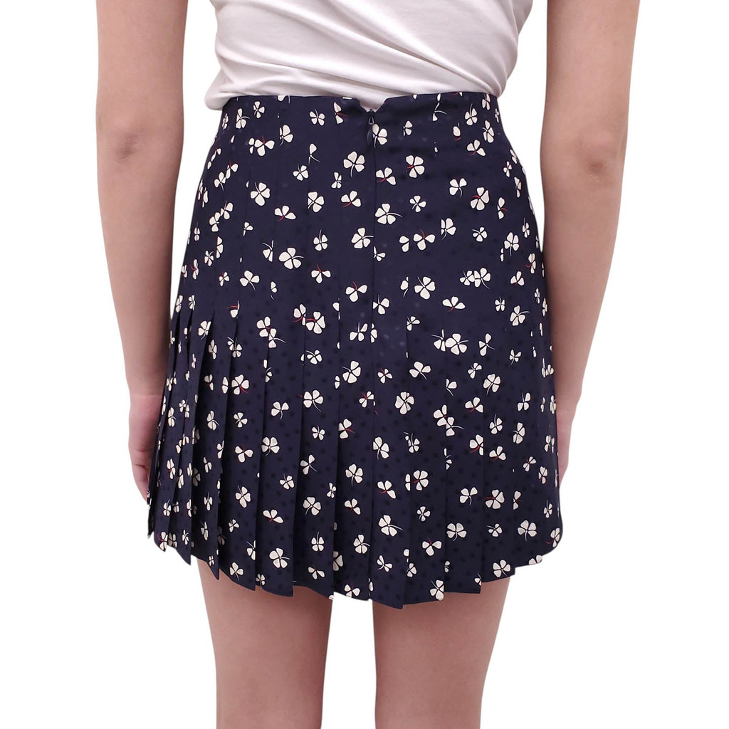 PRADA NAVY CLOVER PATTERNED PLEATED SKIRT - SIZE 38
